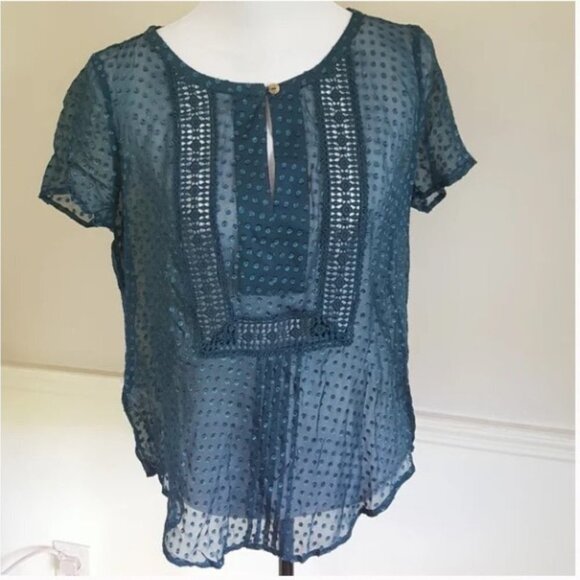 Anthropologie teal Grassland short sleeve sheer  blouse Silk blend size XS - Picture 6 of 16